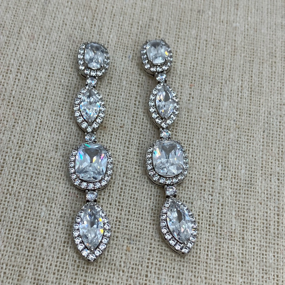 Vtg 925 Sterling Silver Statement CZ Bridal Chandelier Dangle Earrings